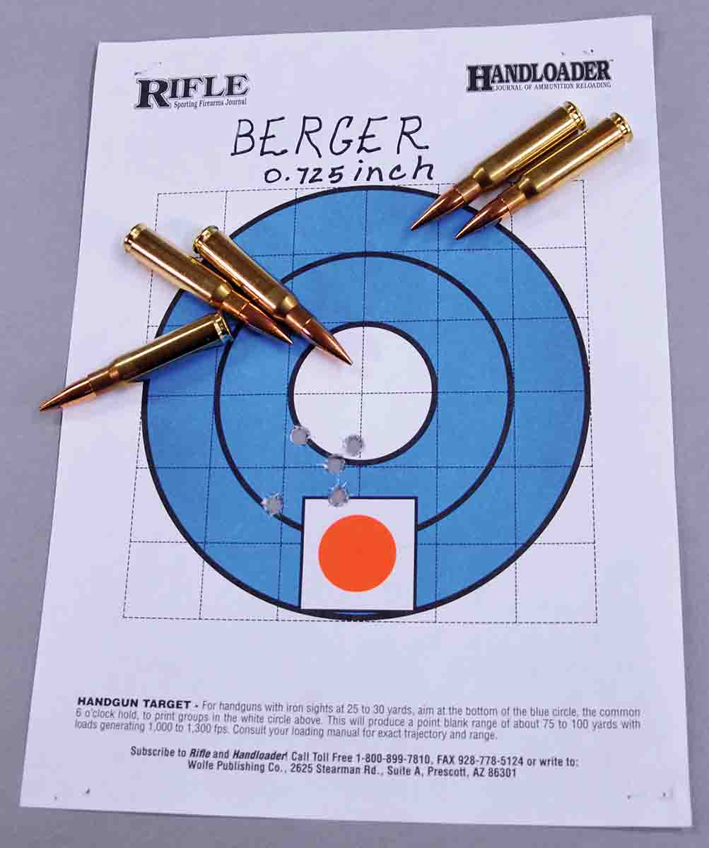 This .72-inch spread is the best five-shot group for the Berger Match Grade Classic Hunter ammunition and was the best five-shot group of all the loads tested.